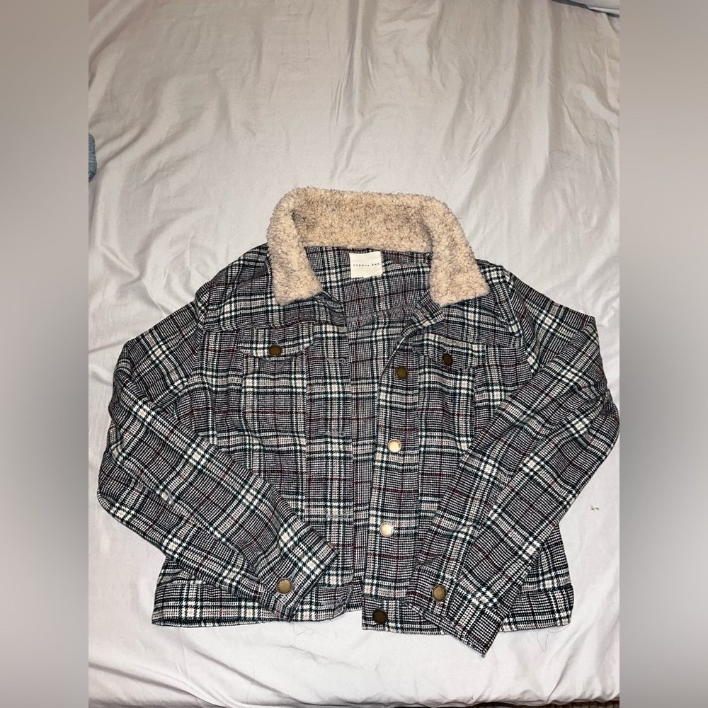 Copper Key Plaid Jacket with Cream Sherpa Lining